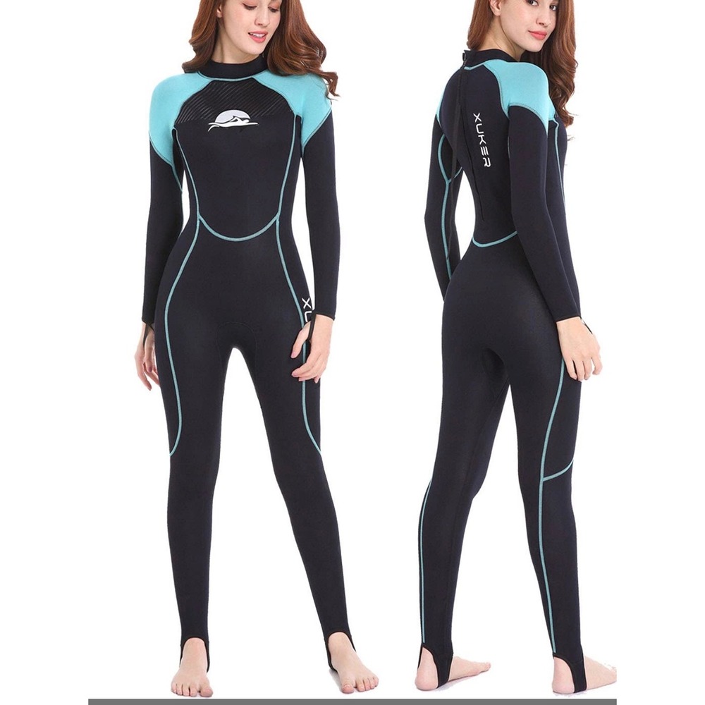 XUKER Wetsuit Women Medium Black Teal 2mm Neoprene Long Sleeve Full Body Suit